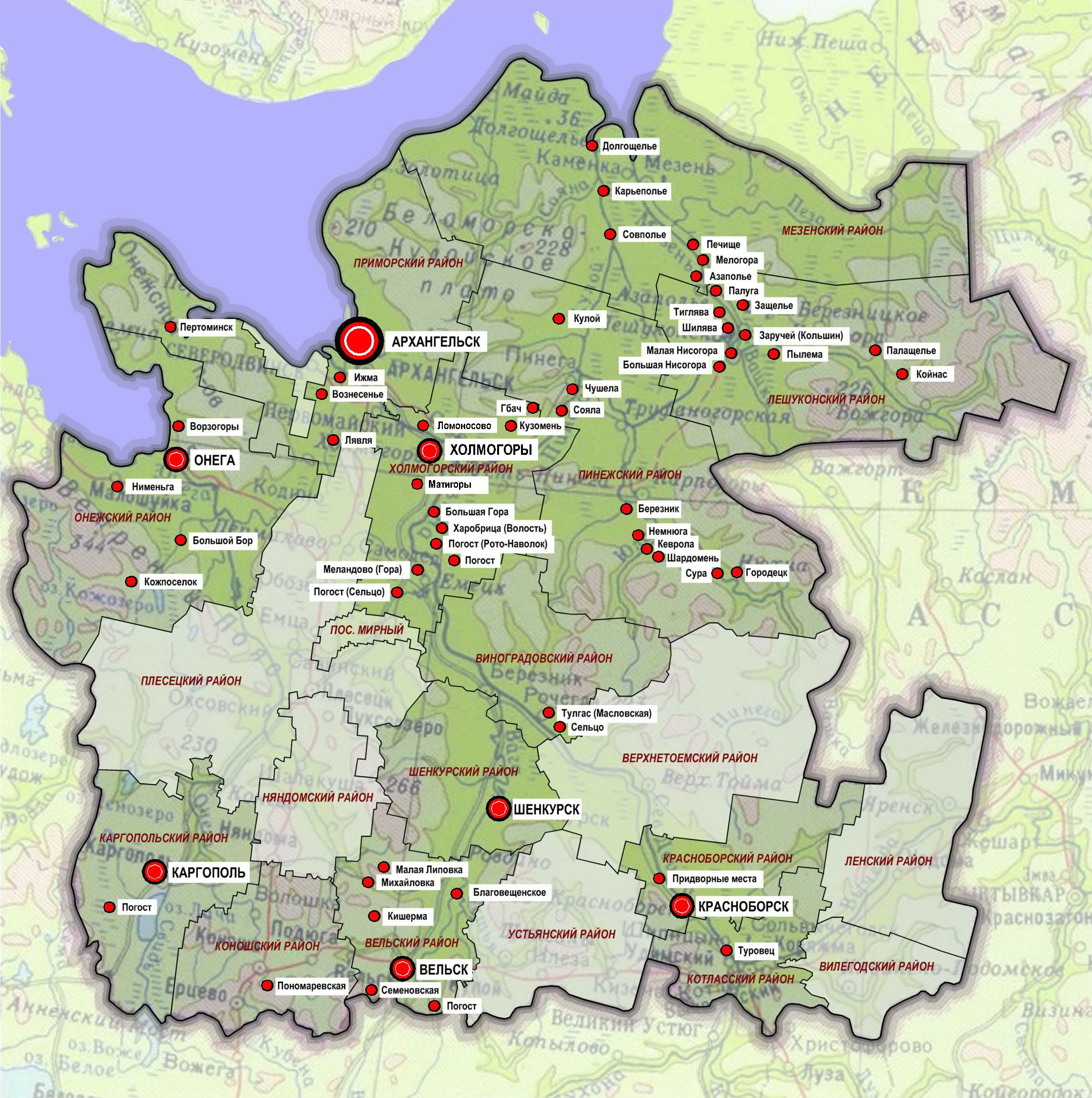 Сводная карта-схема населенных пунктов Архангельской области, где расположены 286 объектов культурного наследия, на которые разрабатывались проекты зон охраны